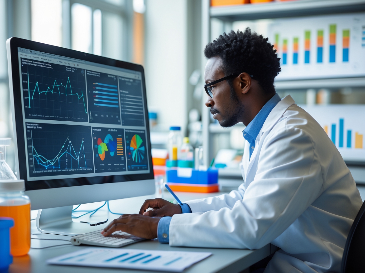 UX researcher analyzing AI-generated data insights on a computer screen