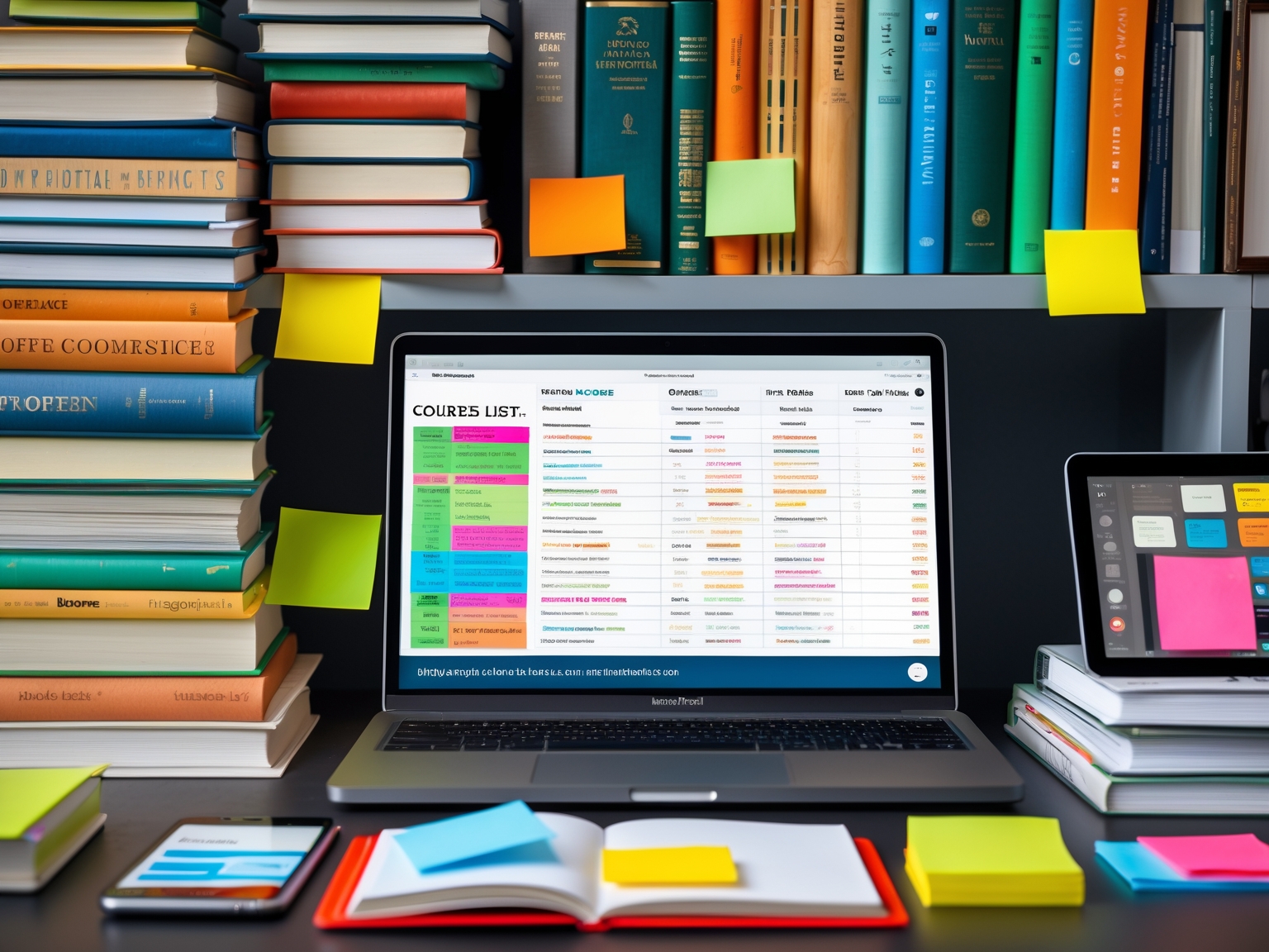 Organized digital devices and books displaying UX course materials