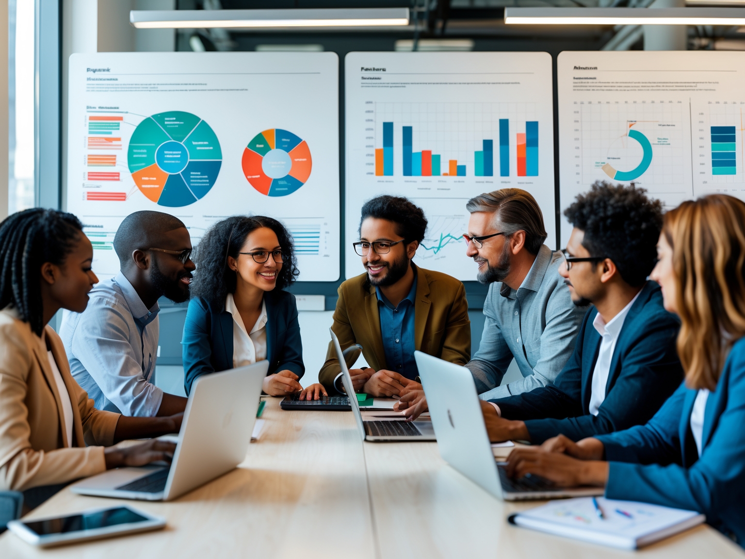 Diverse group of professionals collaborating on UX projects in a modern office